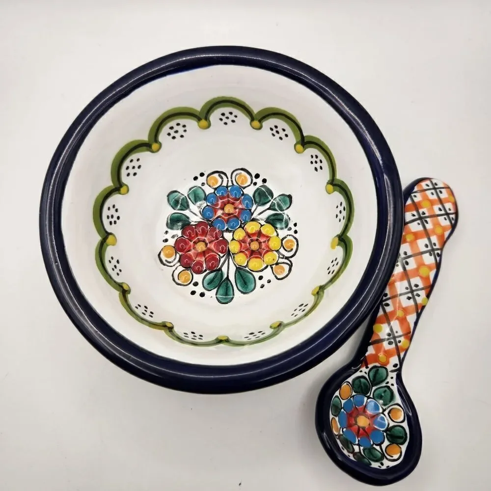 Mexican Pottery Colorful Ceramic Bowl and Spoon Set Hand painted